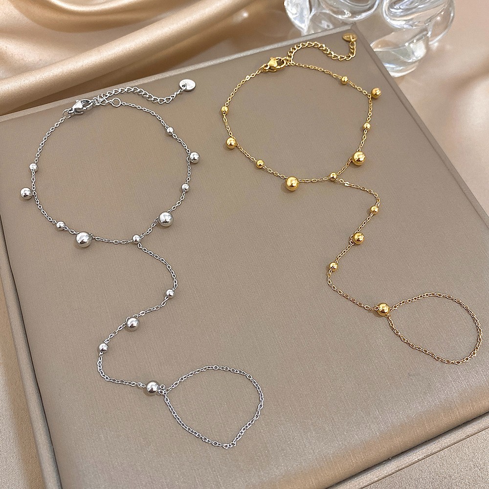 Women’s Stainless Steel Hand Chain Bracelet Finger Ring Ball Bead Link Chain Jew