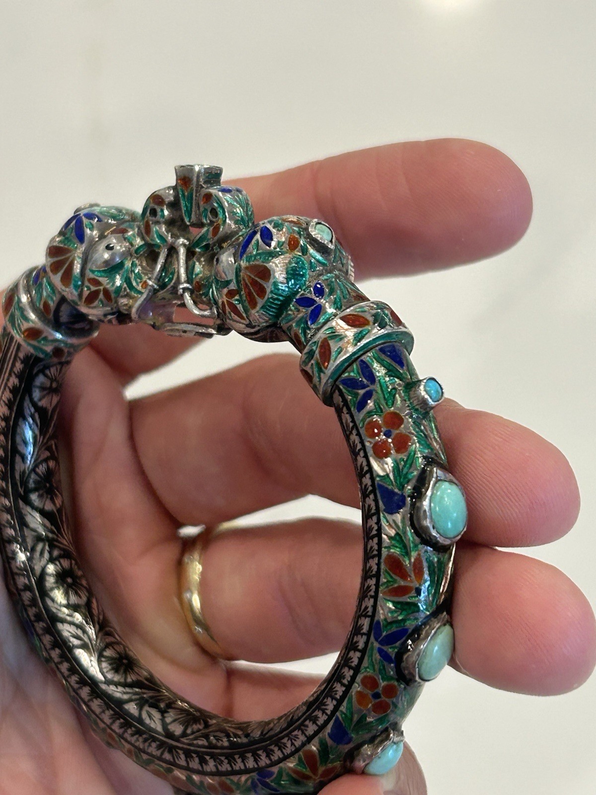 Vintage Indian Meenakari Sterling Enameled Elephant Head Bangle Turquoise AS IS