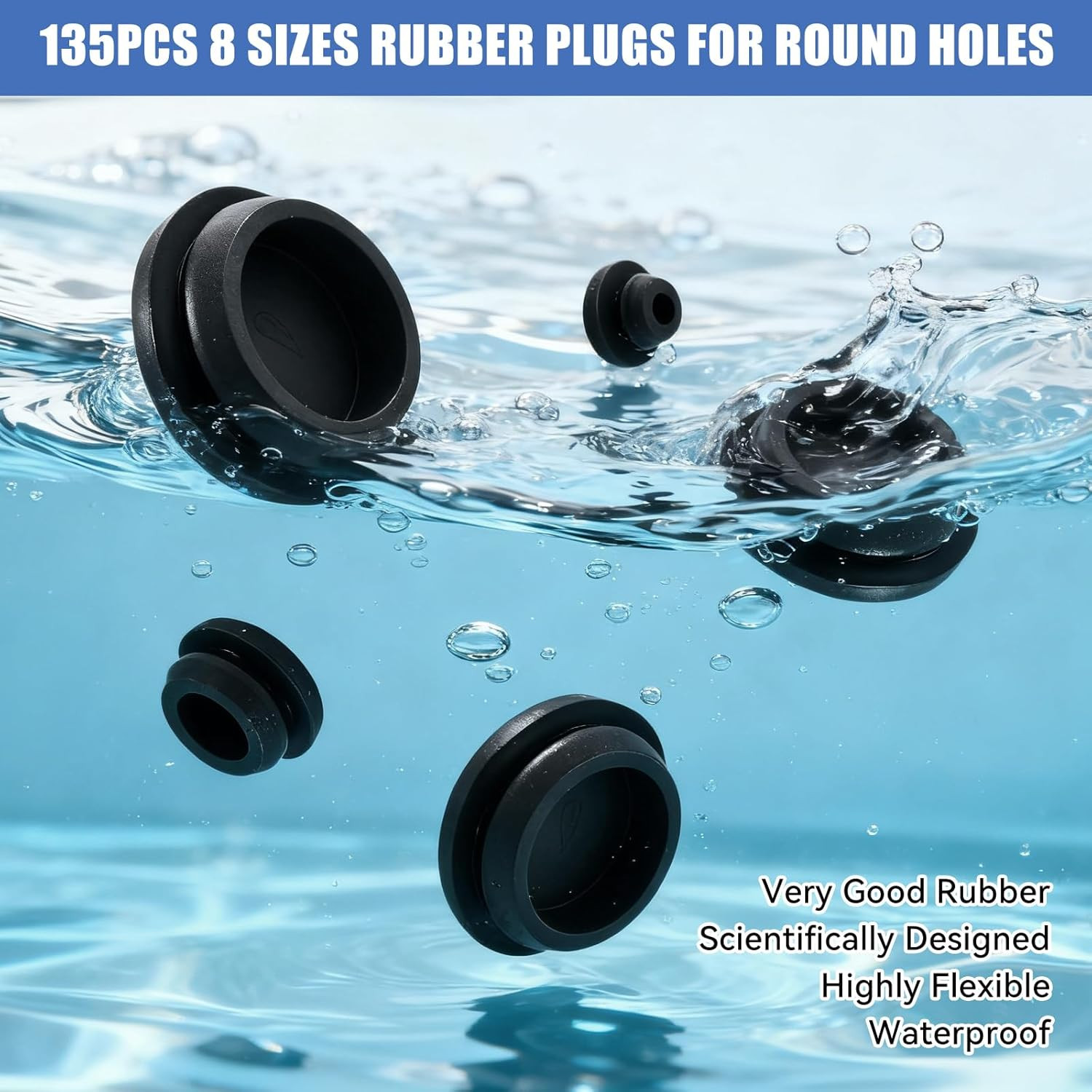 135Pcs Black Rubber Plug Box, 8 Sizes Rubber Plugs for Round Holes, 1″ 3/4″ 5/8″