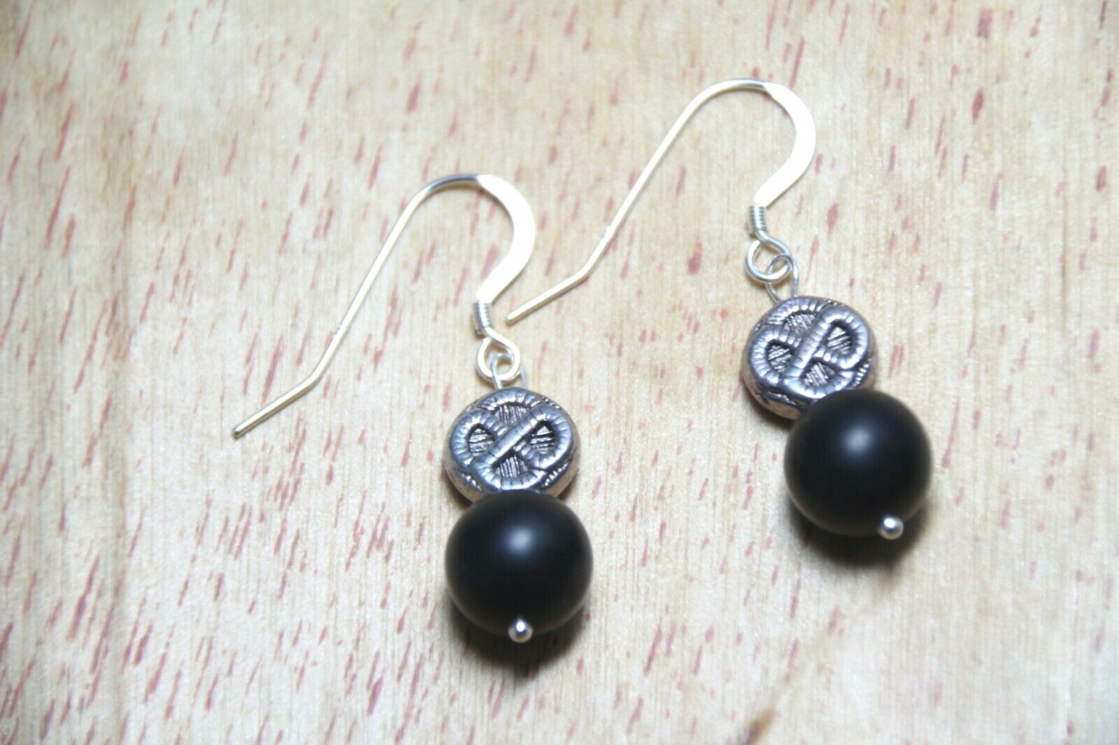 Graphite Black 10mm Ball Natural Gemstone Earrings .925 Sterling Silver 1 1/2″