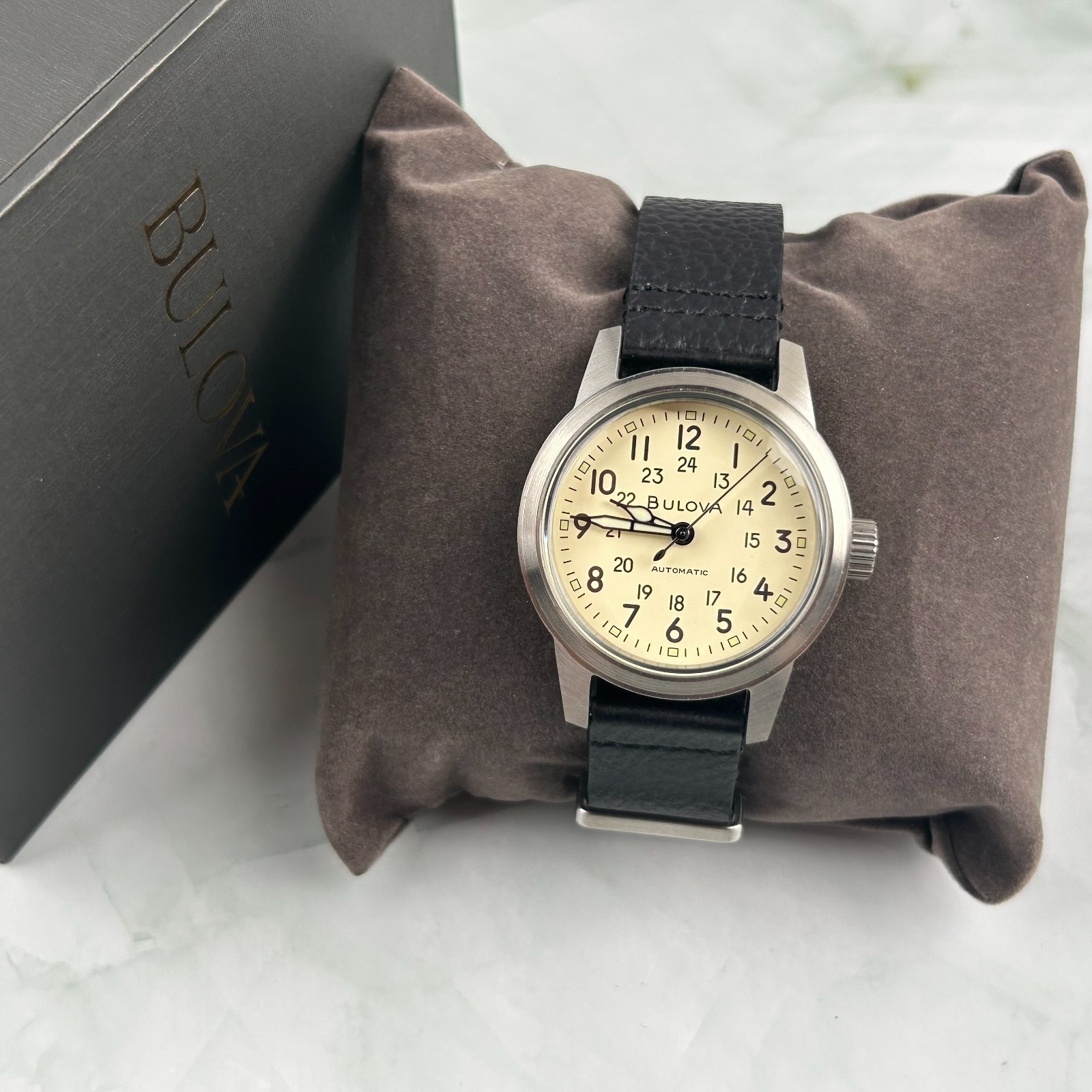 Bulova 96A246 Hack Ivory Dial Black Leather Strap Men’s Automatic Watch