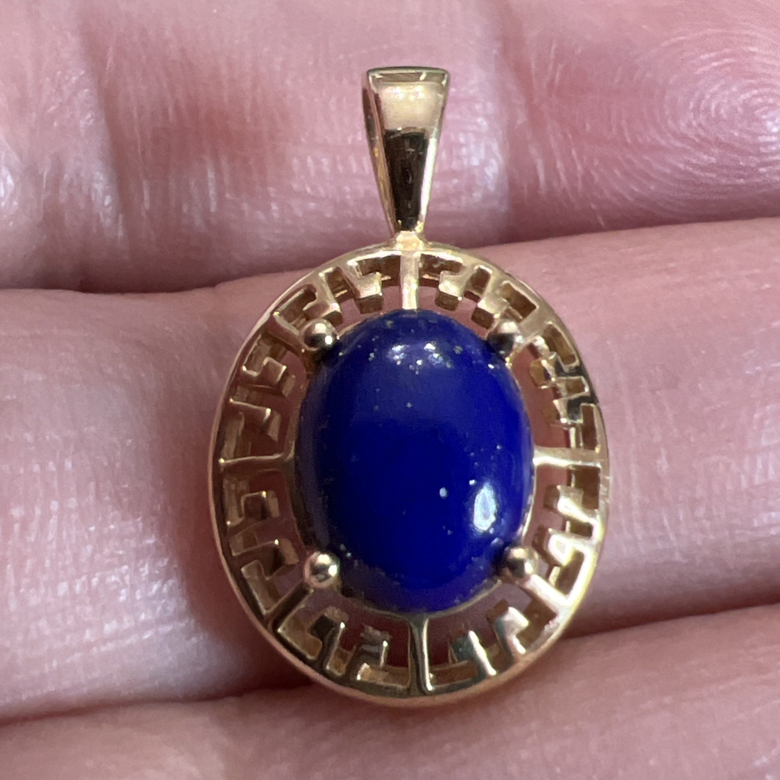 Vintage 14k Yellow Gold Lapis Lazuli Greek Key Oval Pendant
