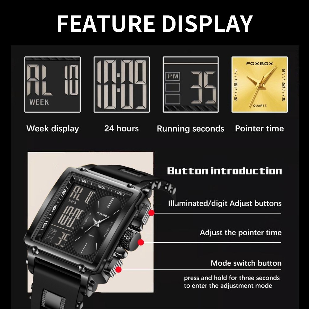 LIGE Sport Watch Men Military Square Big Dial Male Quartz Digital LED Wristwatch