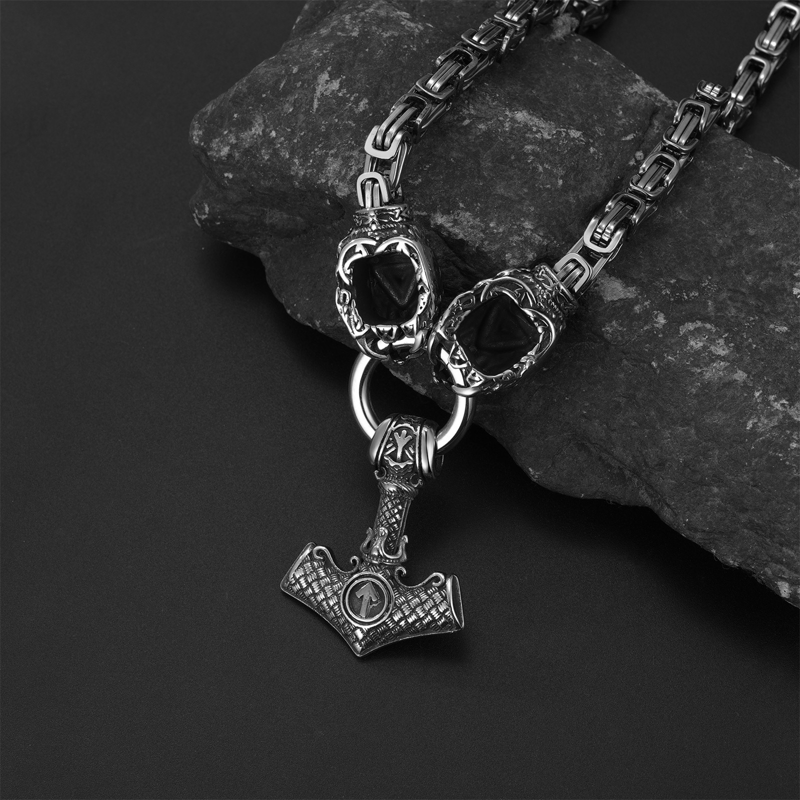 Men’s Viking Thor’s Hammer Stainless Steel Necklace Bear Claw Byzantine Chain