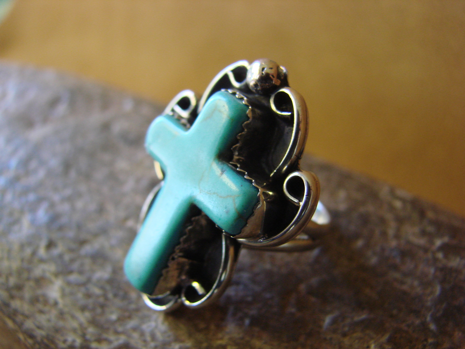 Native American Nickle Silver Turquoise Cross Ring Size 6 1/2 by Phoebe Tolta