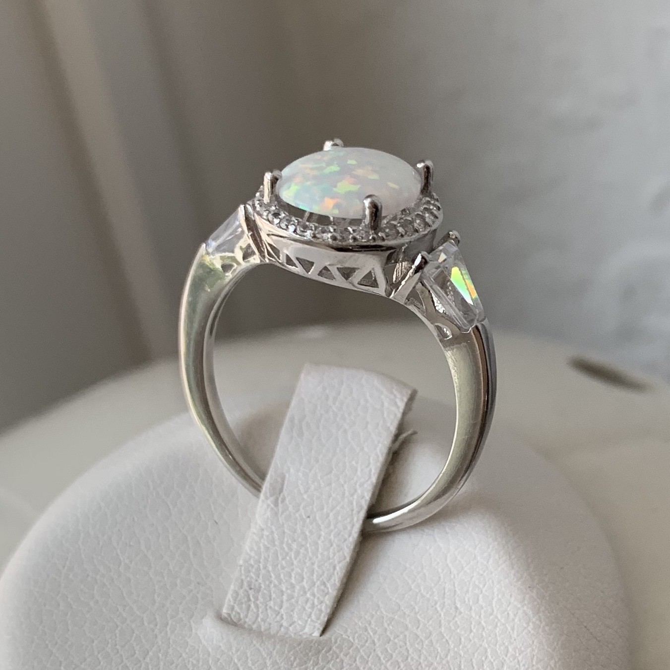Sterling Silver Oval White Lab Opal Ring with CZ, Wedding Rings, Engagement Ring