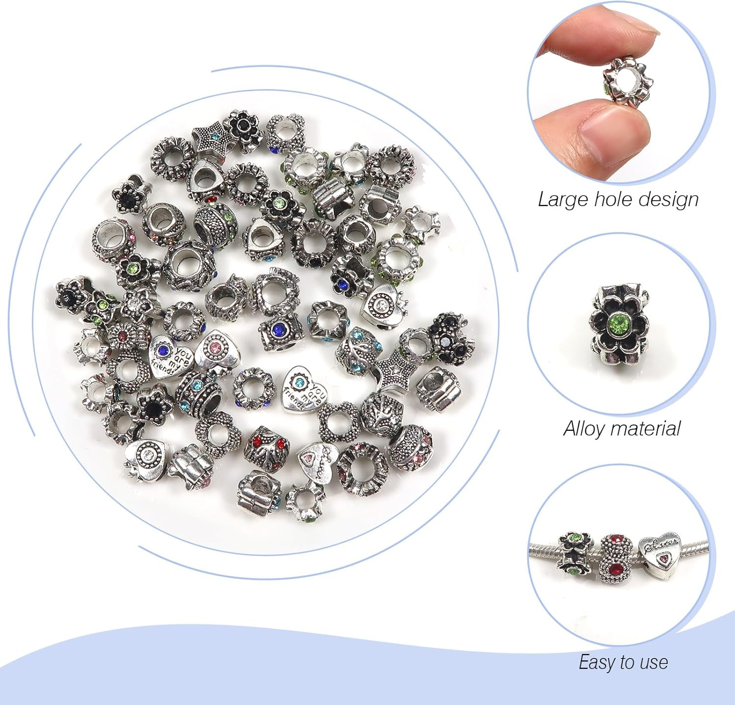 30Pcs Assorted Antique Silver Rhinestone Rhinestone Bead Charm Spacers NEW