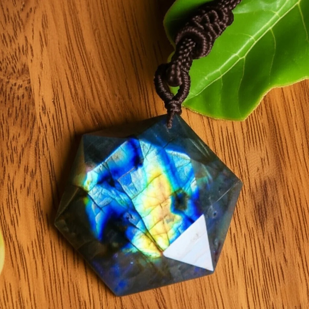 Natural Labradorite Hexagon Pendant Crystal Healing Amulet Women Men Necklace