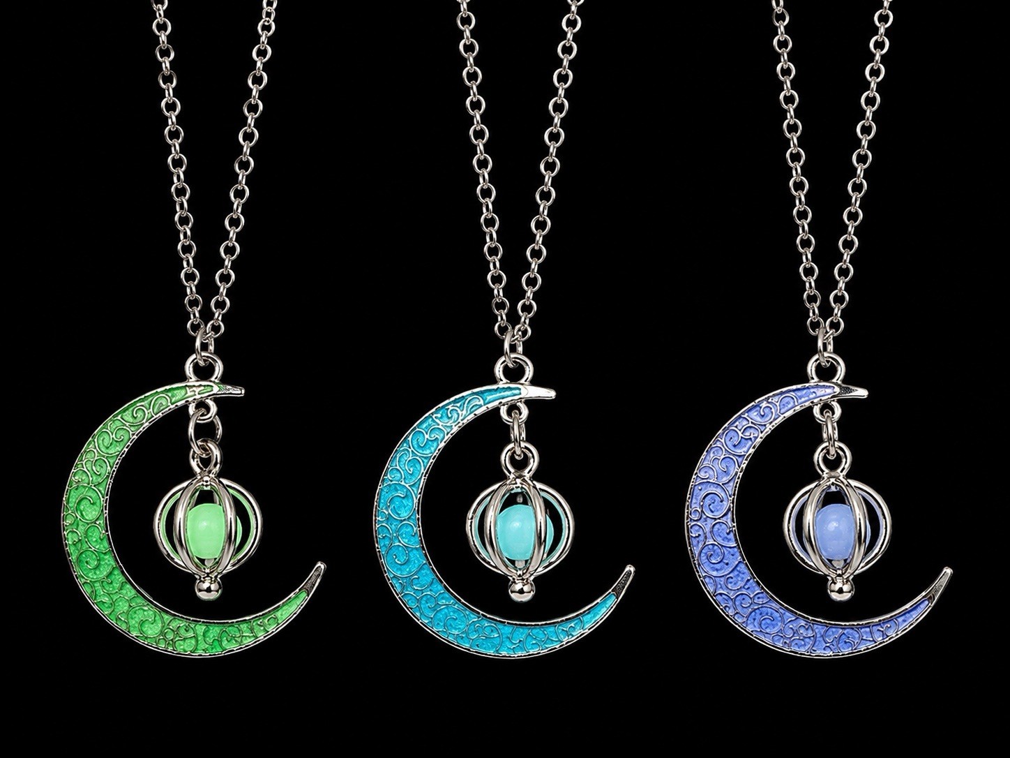 3 Pack Glow in the Dark Silver Tone Crescent Moon Cage Charm Pendant Necklace