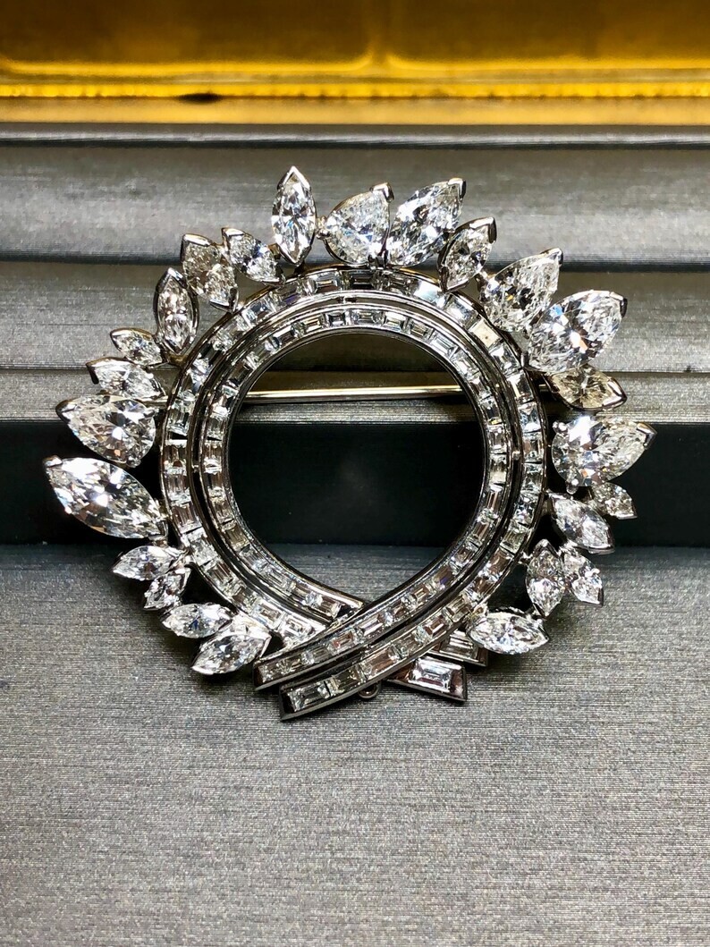 Elegant Vintage Brooch Pin 3 Ct Marquise Simulated Diamond 14k White Gold Plated