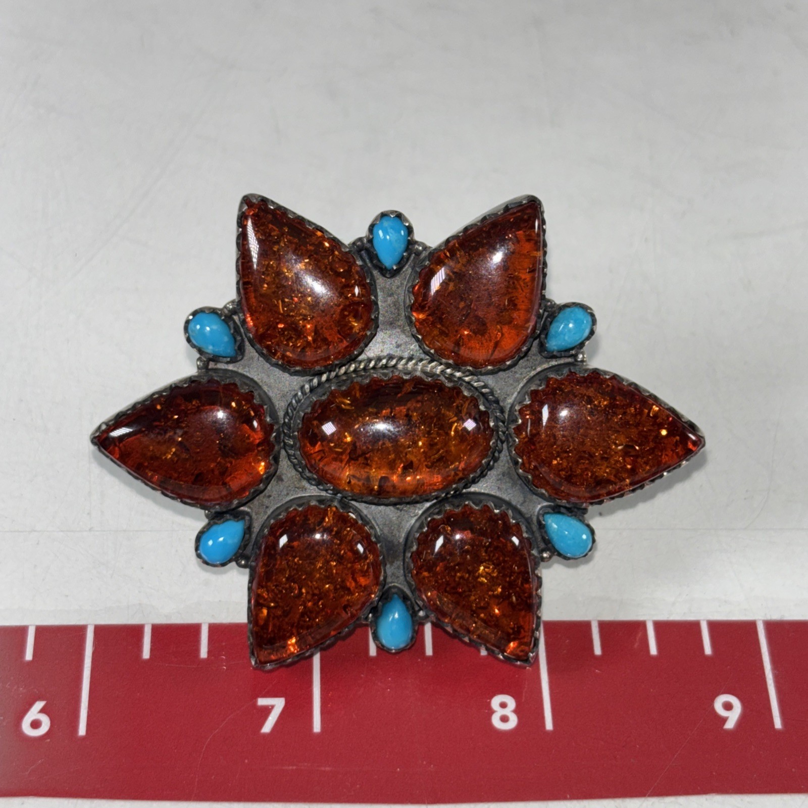 Artisan Statement Ring 925 Sterling Silver Turquoise And Amber Adjustable Size