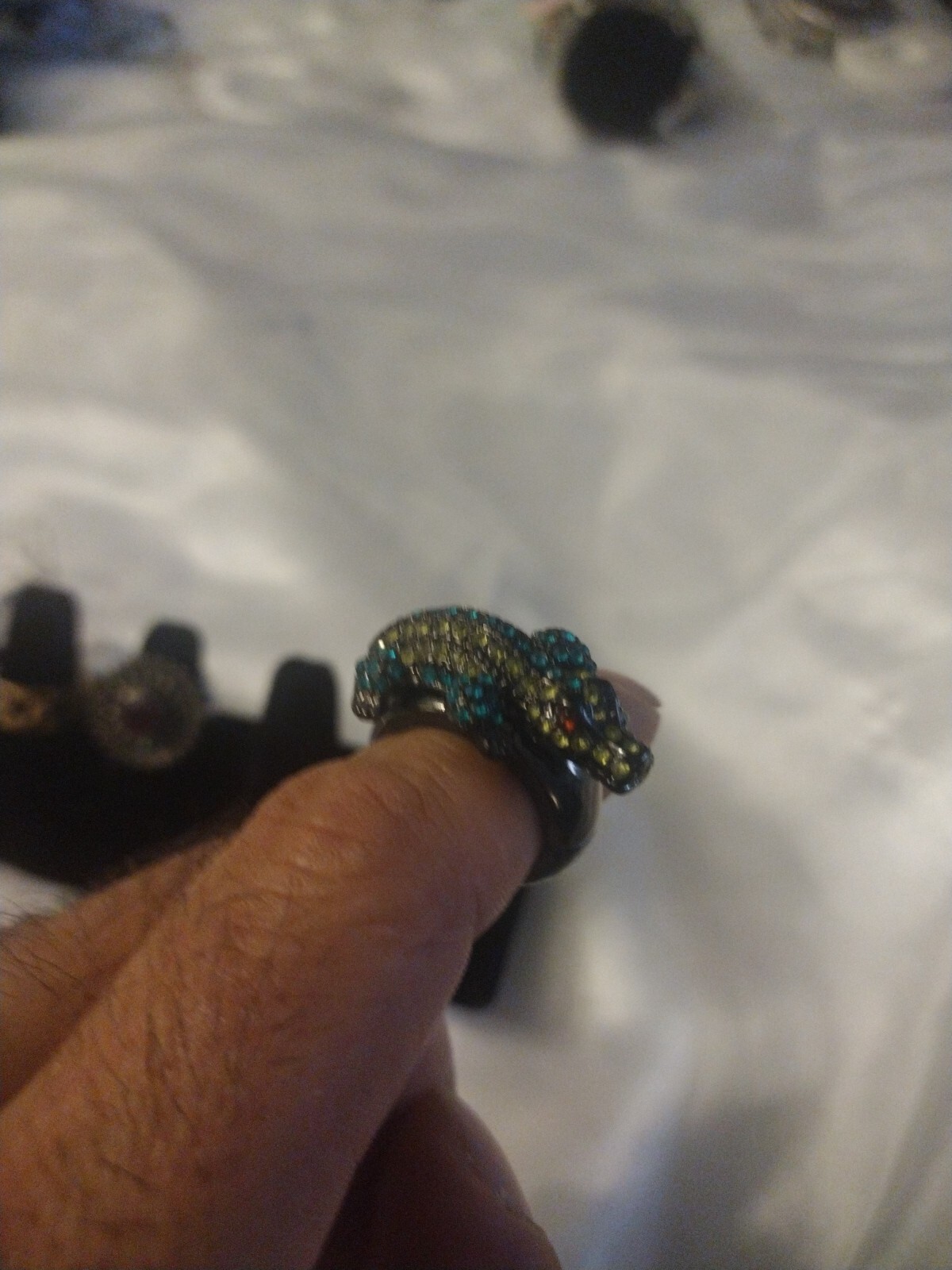 OPC Green Rhinestone Elastic Band Lizard Crocodile Ring Costume Jewelry EUC