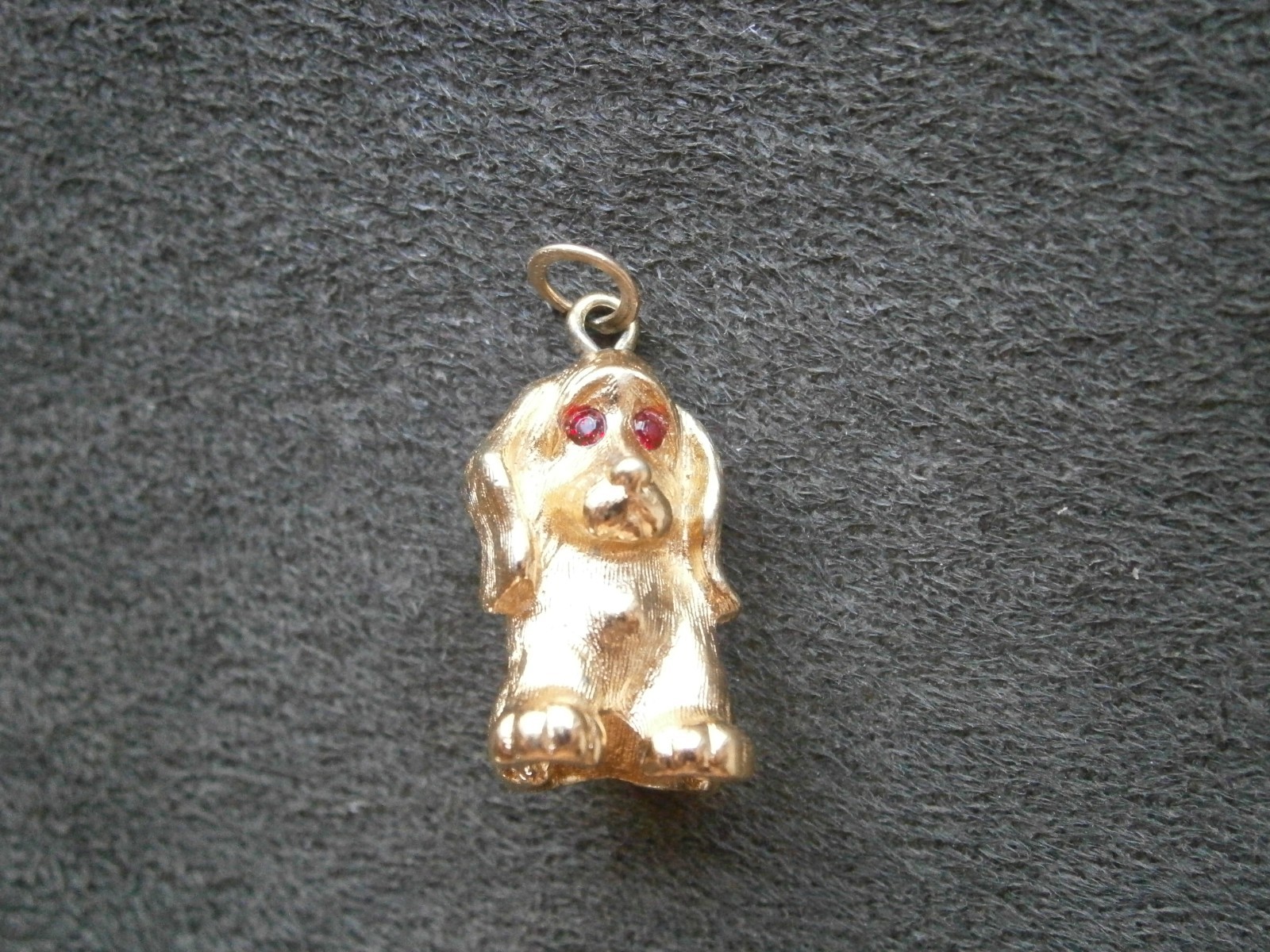 Monet Sitting Puppy Dog w/ Red Gem Eyes Vintage Goldtone Charm Pendant 7.1g FLAW
