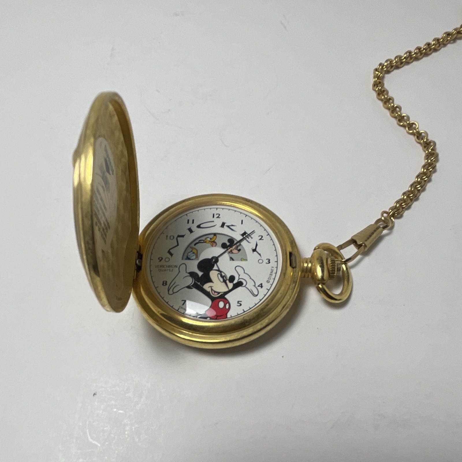Disney Mickey Mouse Full Hunter Pocket Watch Quartz Analog Gold Tone Chain