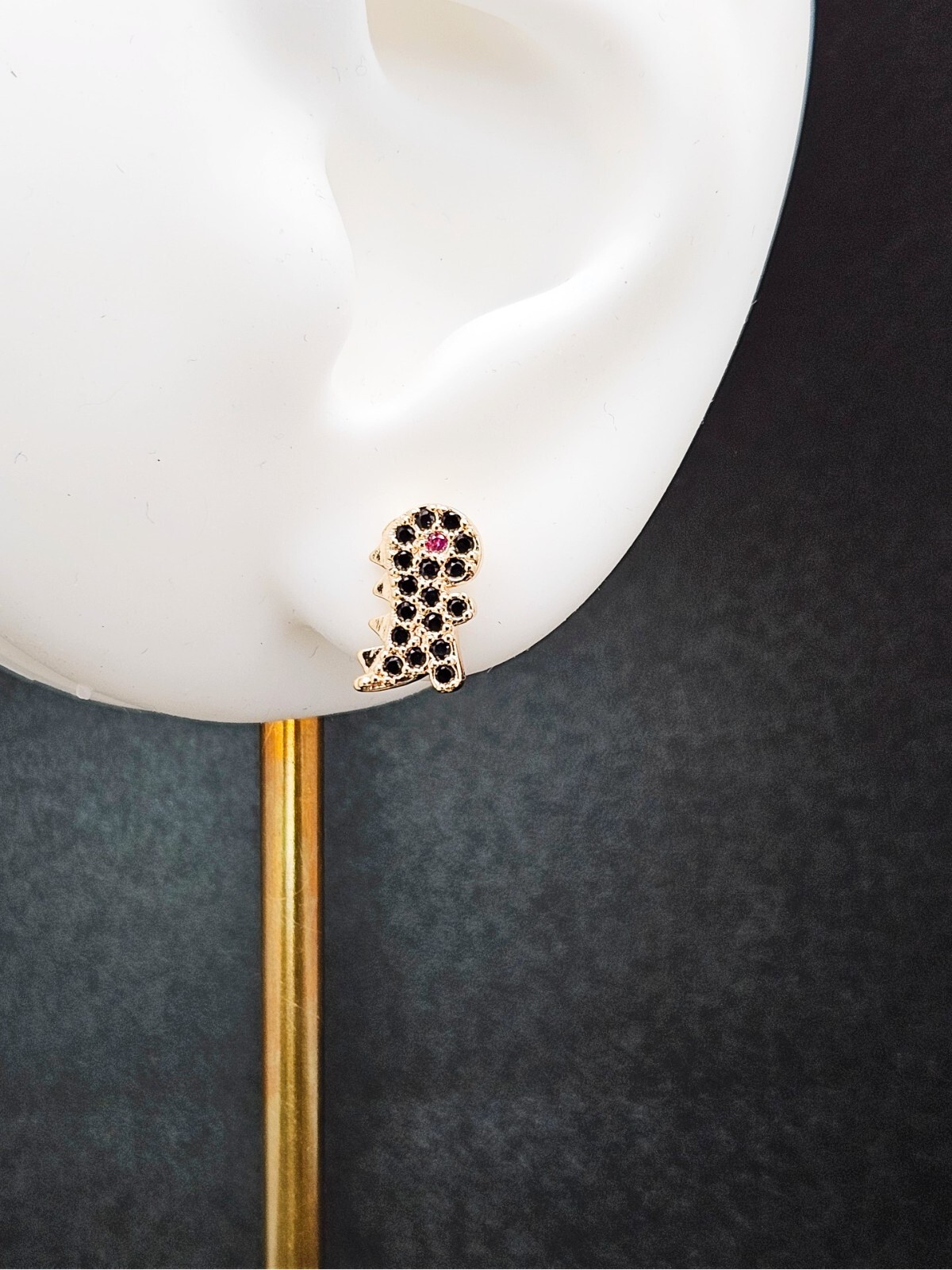 Dinosaur Stud Earrings 18K Gold with Black Cubic Zirconia