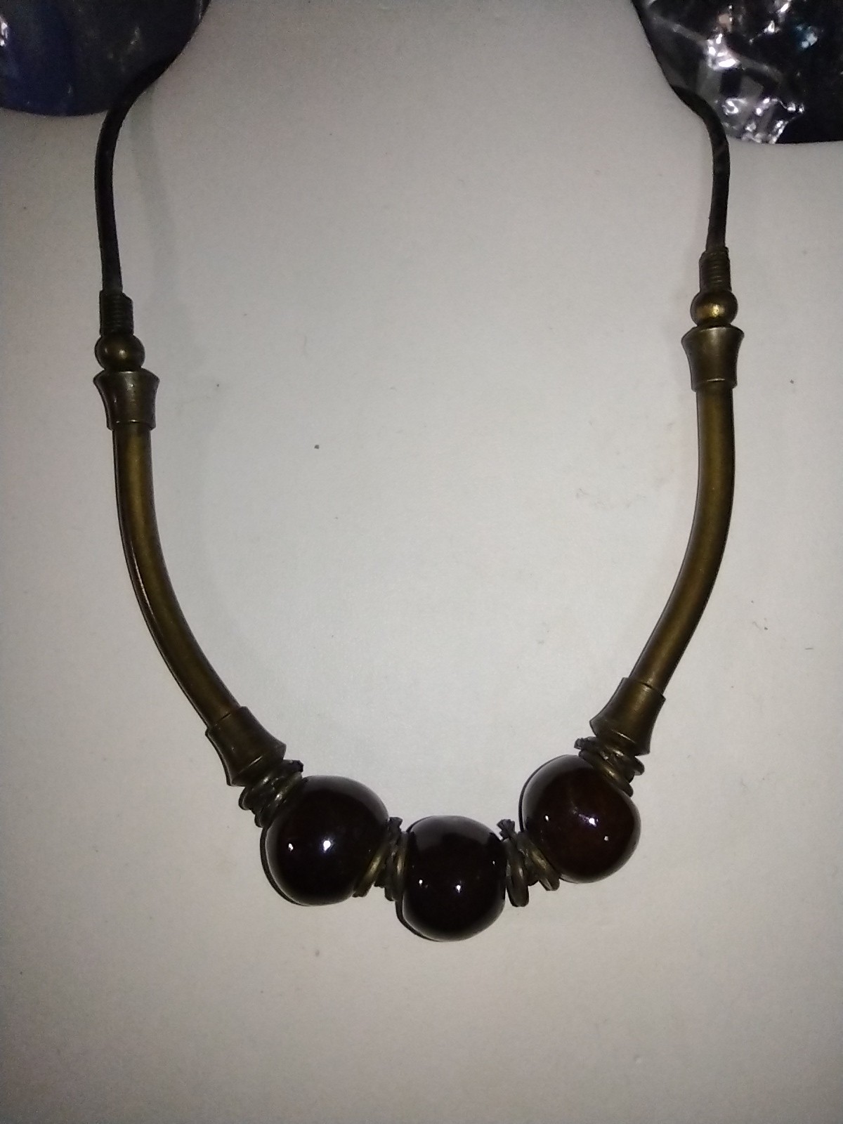 Vintage Boho Gray Ceramic Beads Brass and Leather Cord Choker Necklace 15″