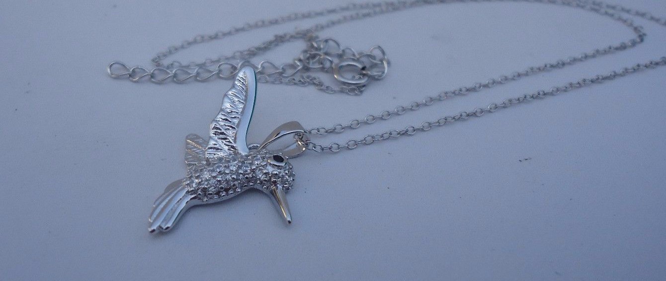 925 STERLING SILVER DESIGNERS HUMMING BIRD PENDANT NECKLACE LAB CREATED DIAMONDS
