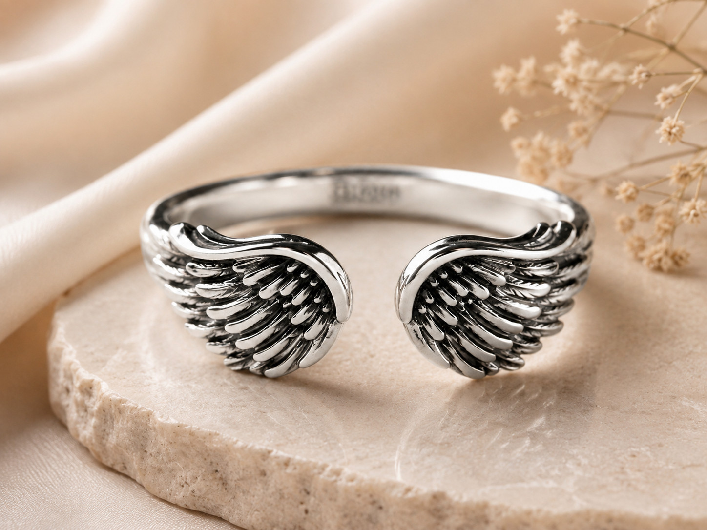925 Sterling Silver Angel Wing Adjustable Open Ring Vintage Feather Band