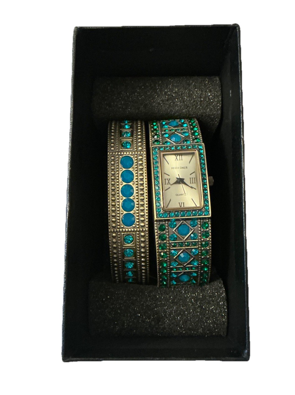 Heidi Daus Double Trouble Bangle Watch Bracelet Set Blue Green Crystals New