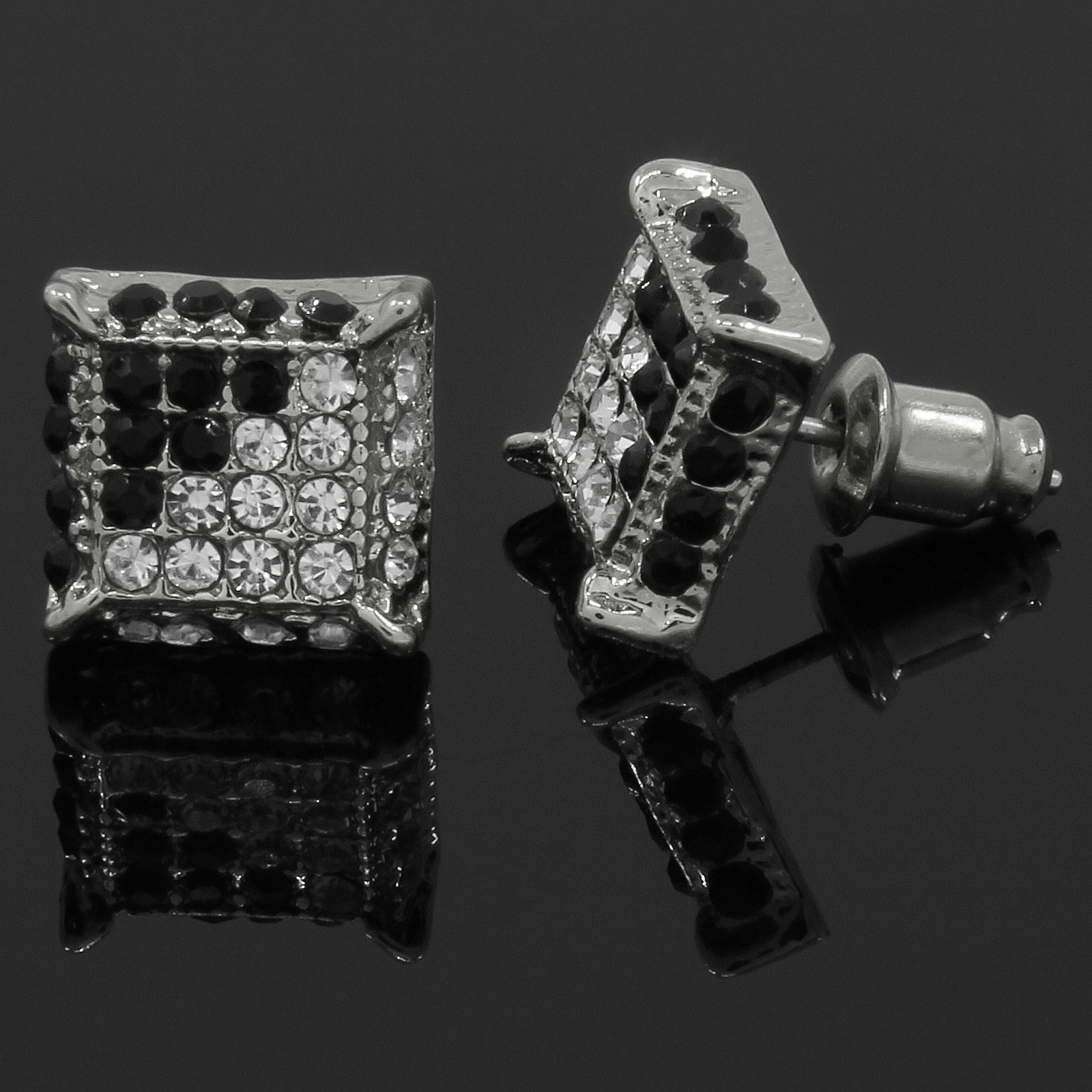 Mens Silver & Black Cubic-Zirconia Cube Hip Hop Micro Pave Stud Earrings