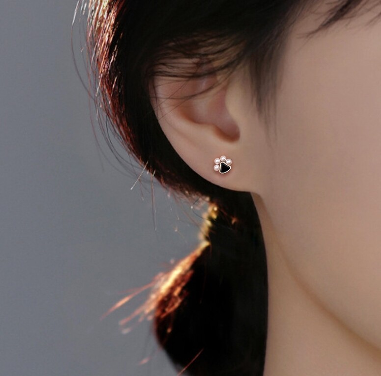 Gold White/Black Tiny Animal Cat Black Paw Pearl Stud Earrings
