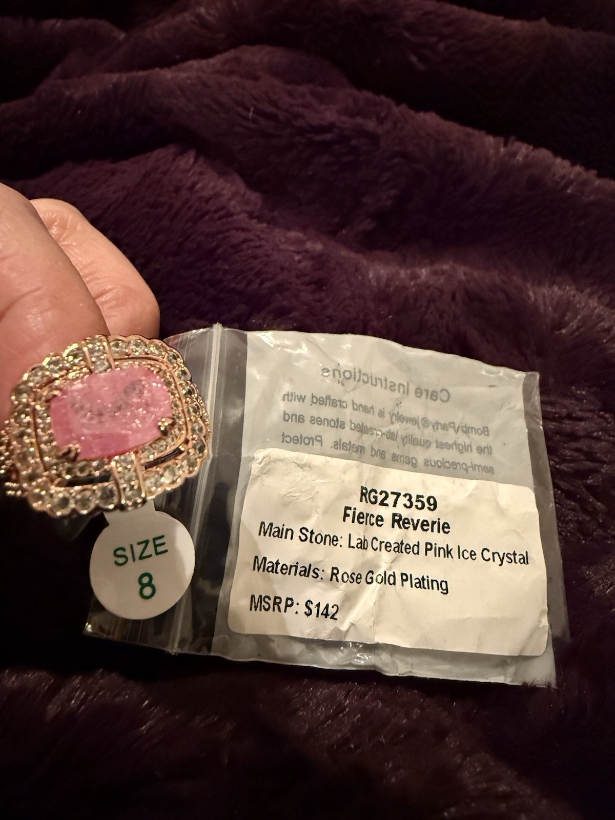 RG27359 Fierce Reverie Pink Cushion Crystal Cocktail Ring Rose Gold Sz 8