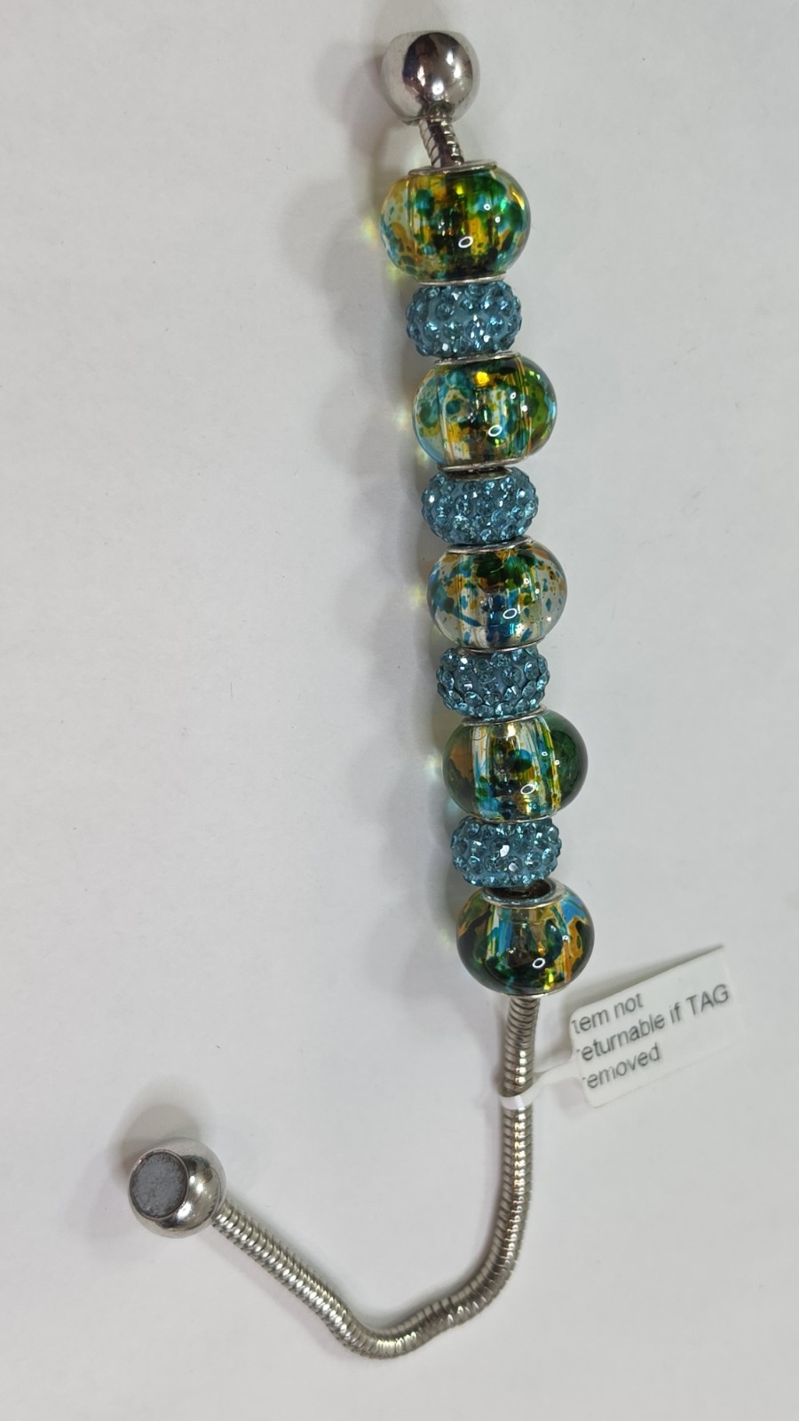 Silver Tone Snake Chain Magnetic Clasp Beaded European Charm Bracelet Blue 8in