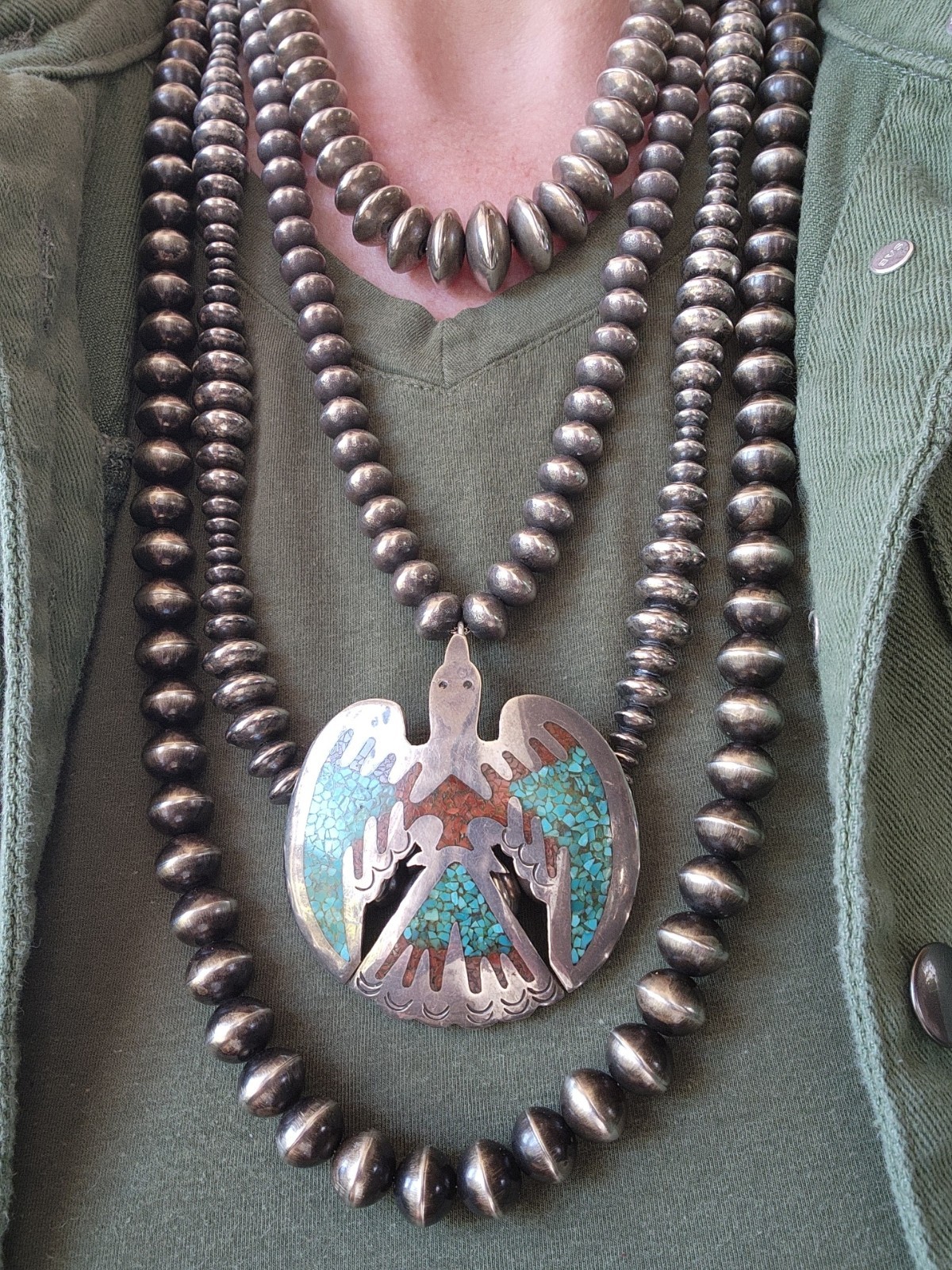 34″ Vintage HANDMADE Signed HS NAVAJO Sterling Silver Beaded NECKLACE 140g 13mm