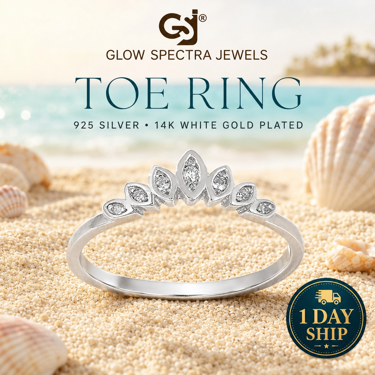 925 Sterling Silver Curved Tiara Toe Ring 14k White Plated