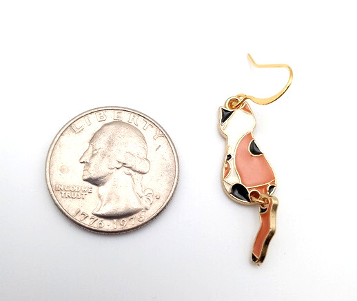 Metal and Enamel Multicolor Calico Cat Earrings with Wiggling Tails