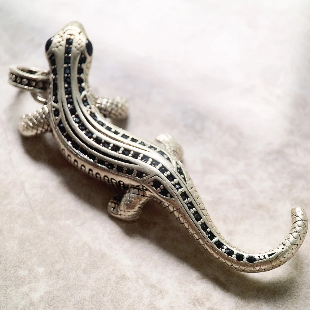Lizard Black Onyx Pendant 925 Sterling Silver 2.6 Inch Long