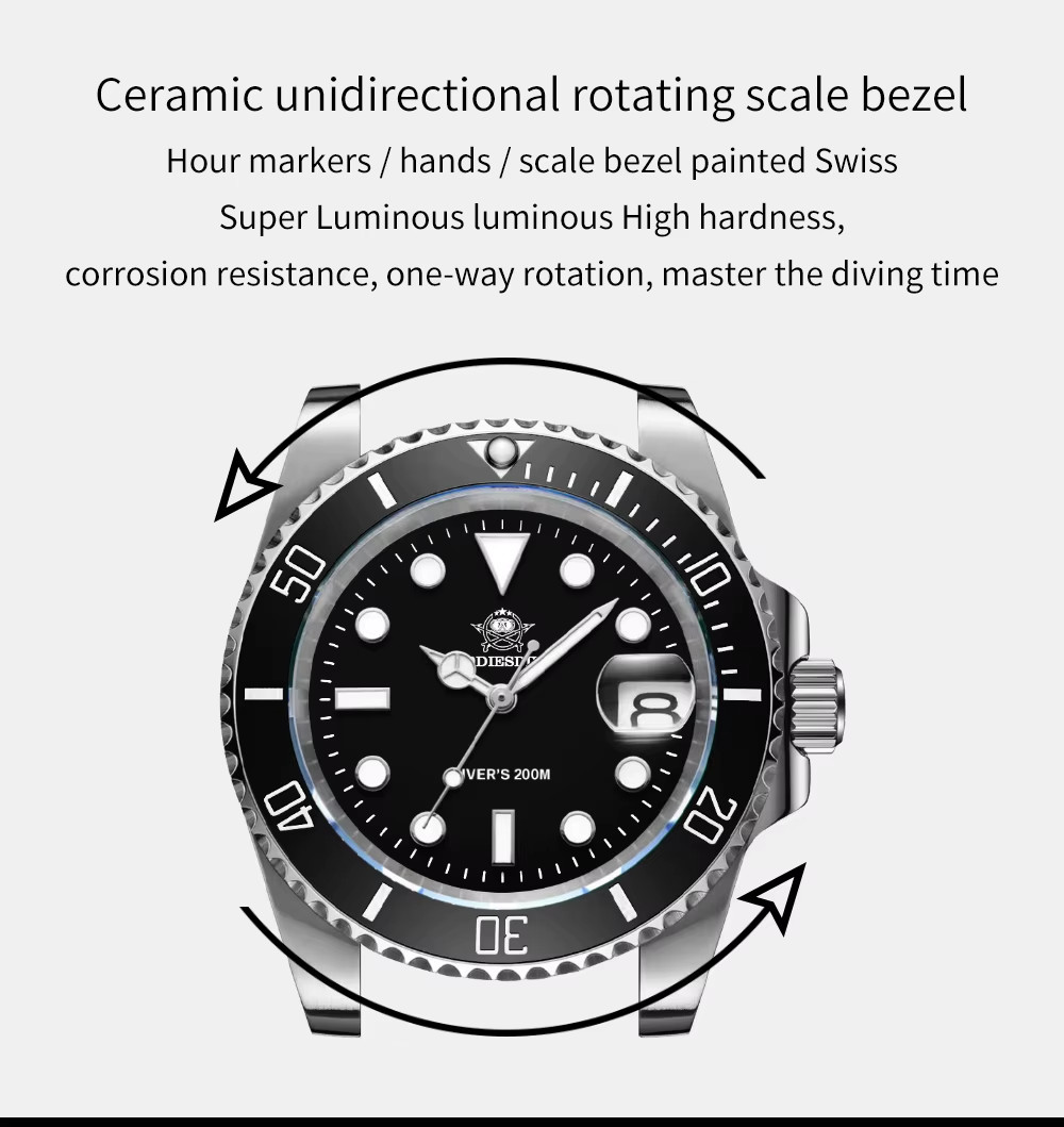 ADDIESDIVE Men’s Dive Watch 200M Quartz Stainless Steel 316L Black Sports Watc