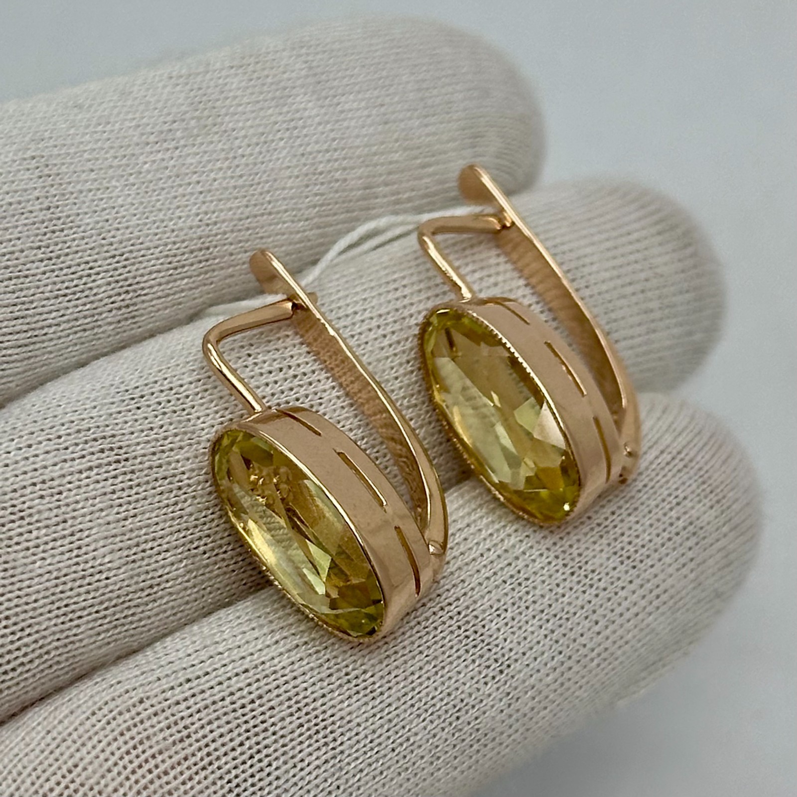 USSR Vintage Original Rose Gold Citrine (lab. made) Earrings 583 14K 6.00 g.