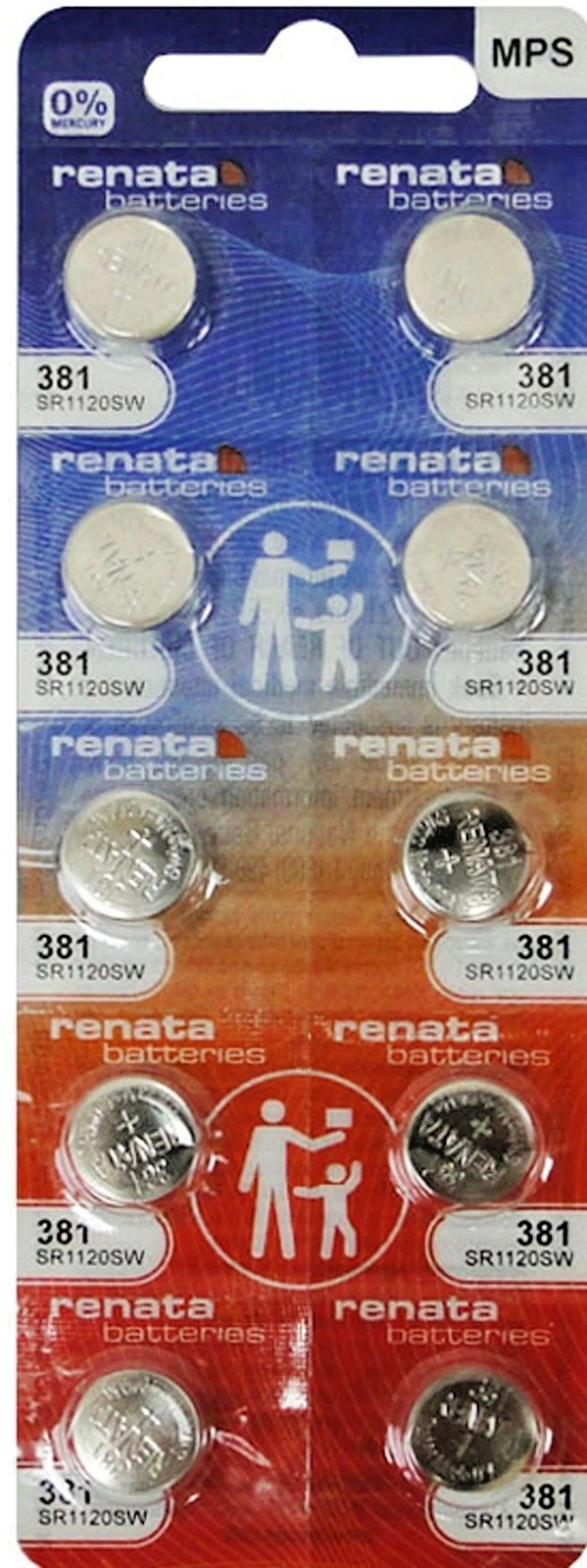 Ten (10) Renata 381 -SR1120SW Silver Oxide 1.55V 0% MERCURY Battery