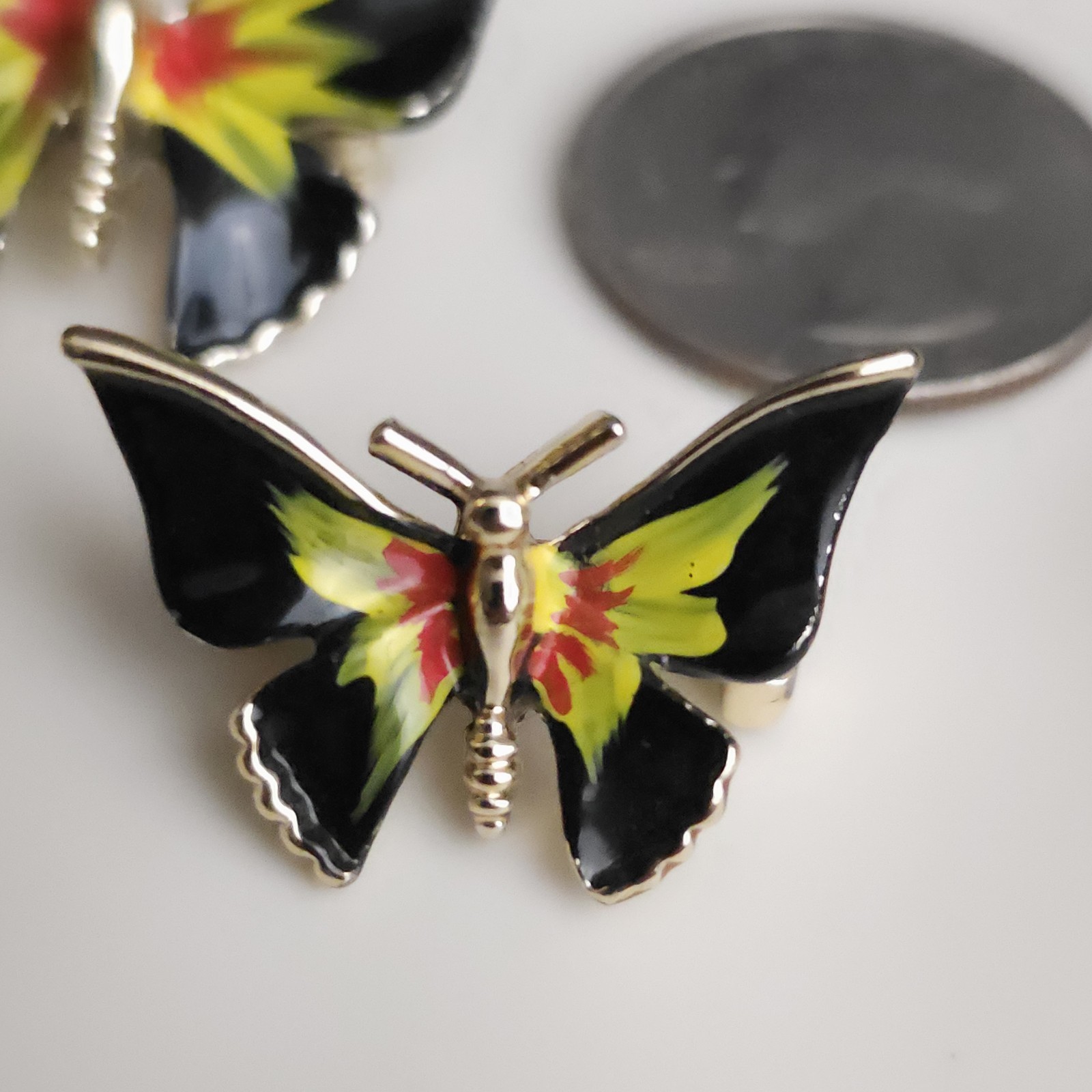 Vintage Black Yellow Red Enamel Butterfly Scatter Pins Brooch Set 2 Whimsy Fairy