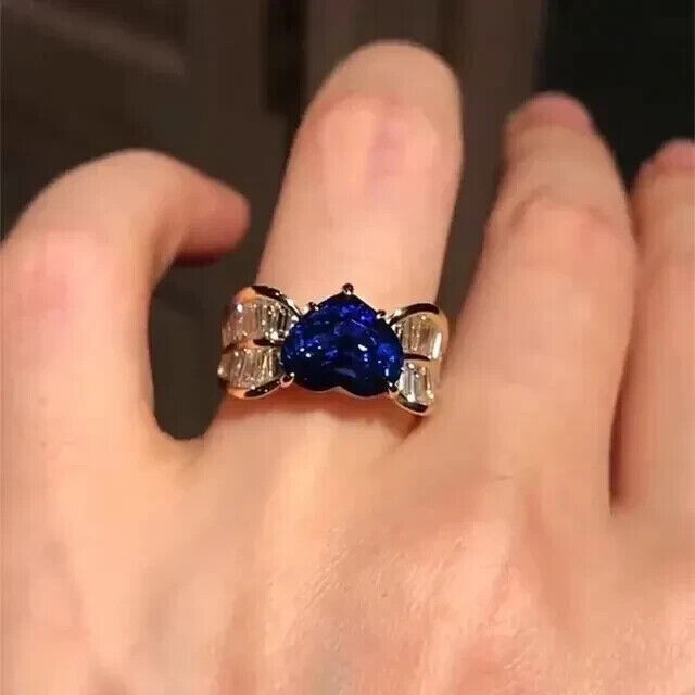 14k White Gold Plated Heart Simulated Sapphire Women’s Wedding Solitaire Ring