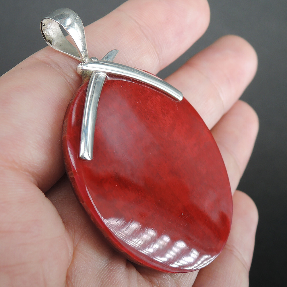 925 Sterling Silver Flat Oval Shaped Red Coral & Resin Pendant Jewelry, RCP-243