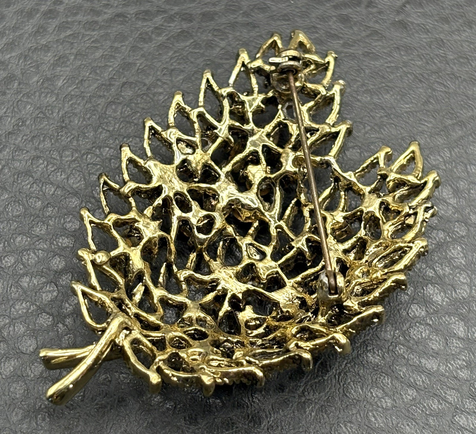 HUGE Vintage Leaf Filigree Faux Topaz Faux Citrine Rhinestone Crystal Brooch Pin