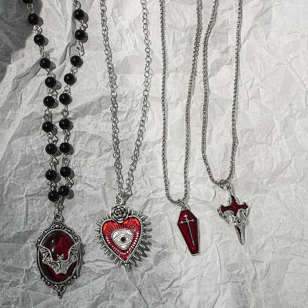 Stainless Steel Red Gothic Religious Cross Tombstone Heart Bat Pendant Necklace
