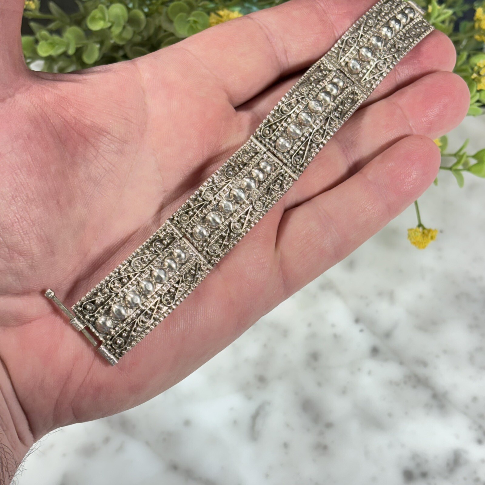 Antique Sterling Silver 935 Scroll Ball Dot Hinged Panel Bracelet 7” Long 30.0g