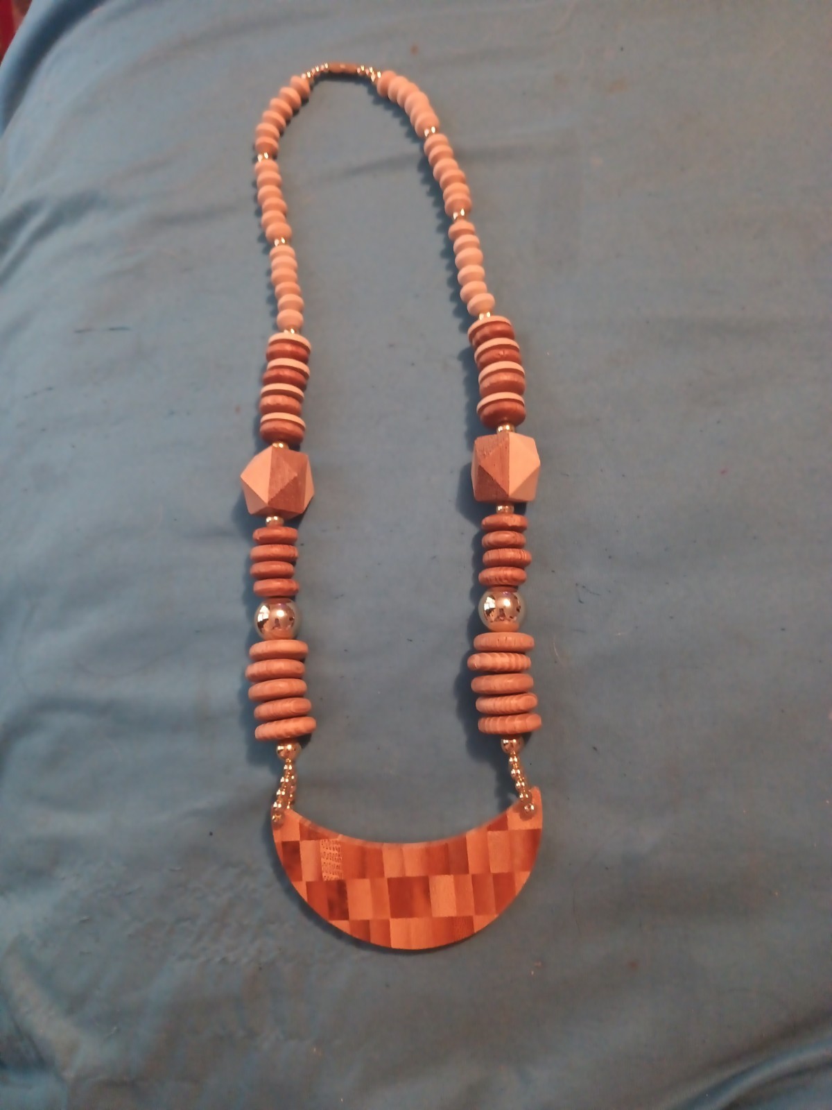 Vtg Wood Statement Chunky Bohemian Natural Brown Bib Necklace 26″ From The 80’s