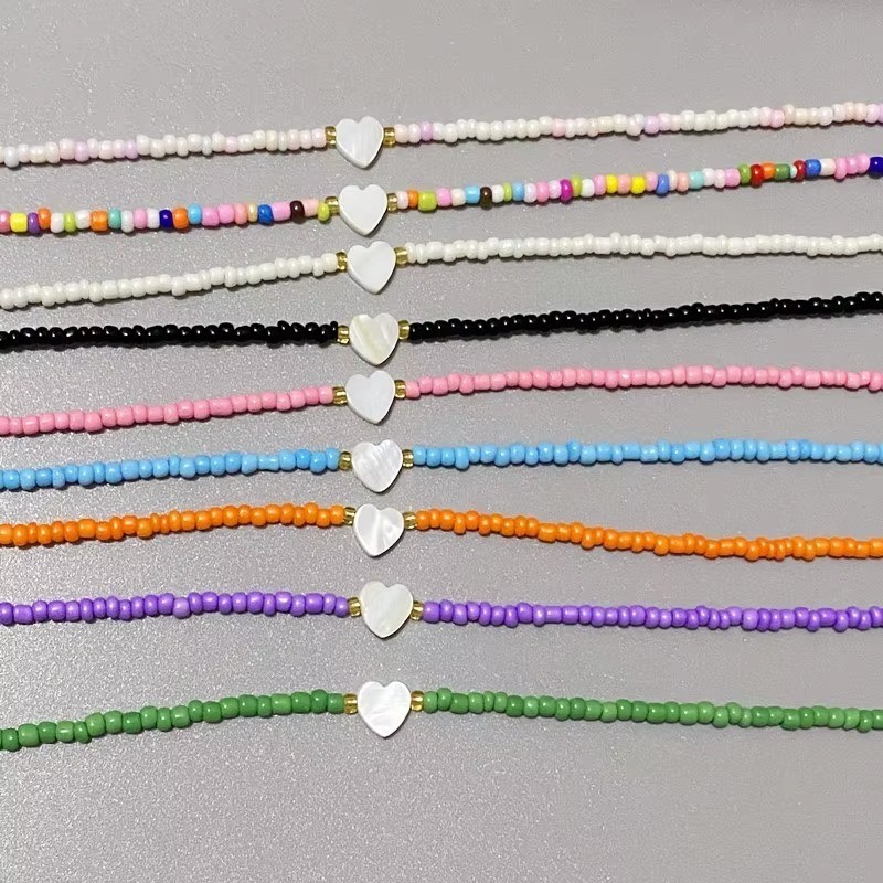 Nature Shell Heart Choker Necklace Colorful Glass Beads Summer Gift