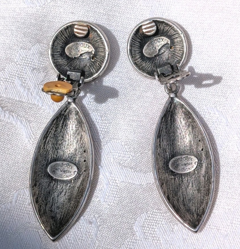 Vintage Bijoux NY Designs Black Enamel Marcasite Dangle Clip On Earrings 1980s