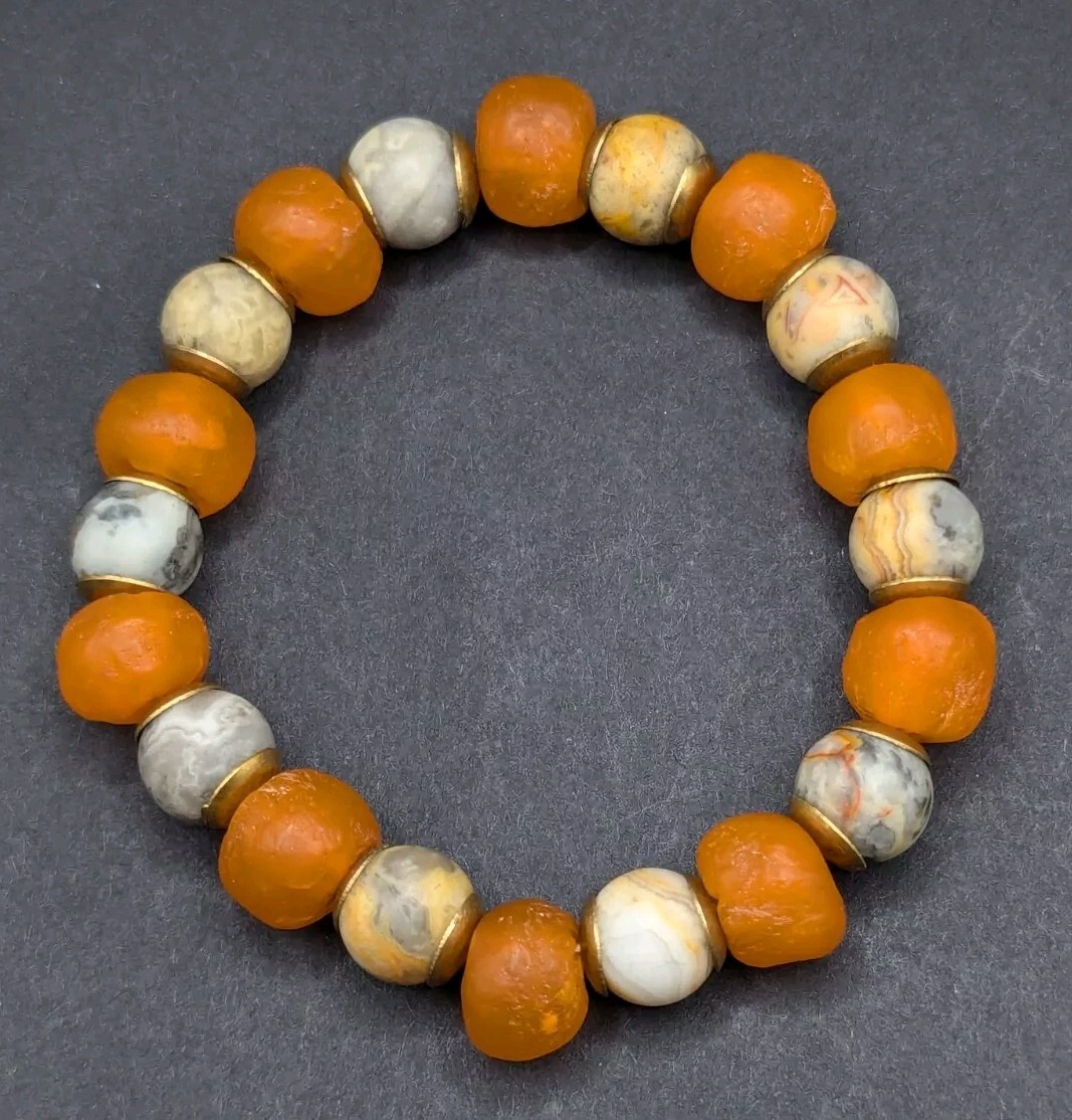 Chunky Orange glass, natural stone beaded stretch Bracelet (16cm) small wrist