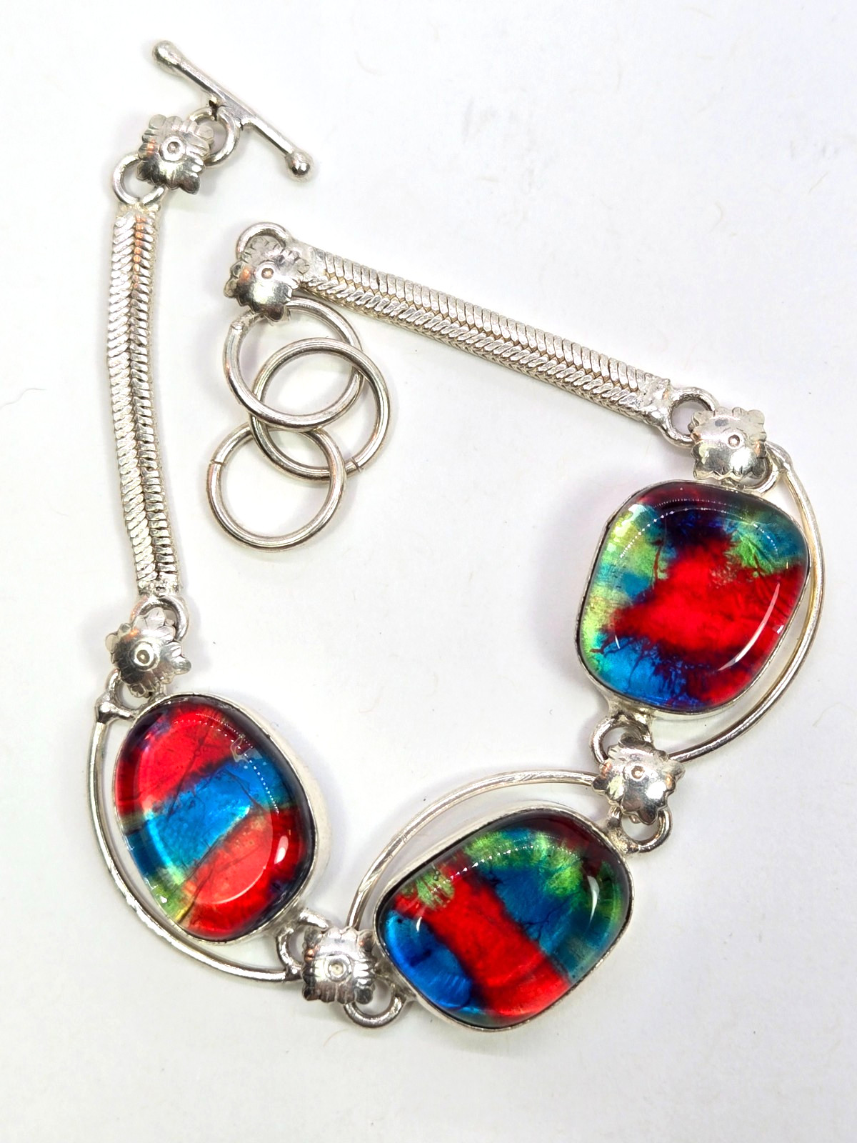 Red Blue Dichroic Glass Bracelet 925 Sterling Silver Link Toggle Clasp 7.5-8.25″