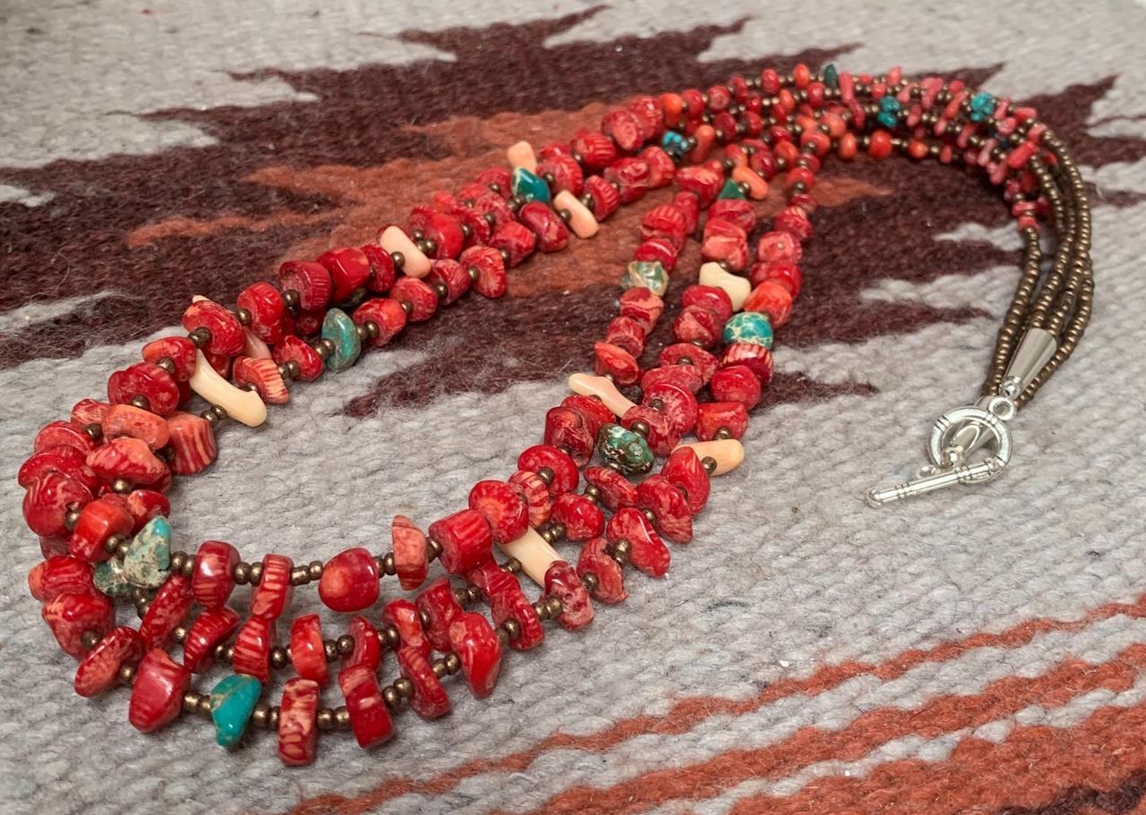 Multi-strands coral/turquoise nugget necklace//24″ (t316c-w2.5)