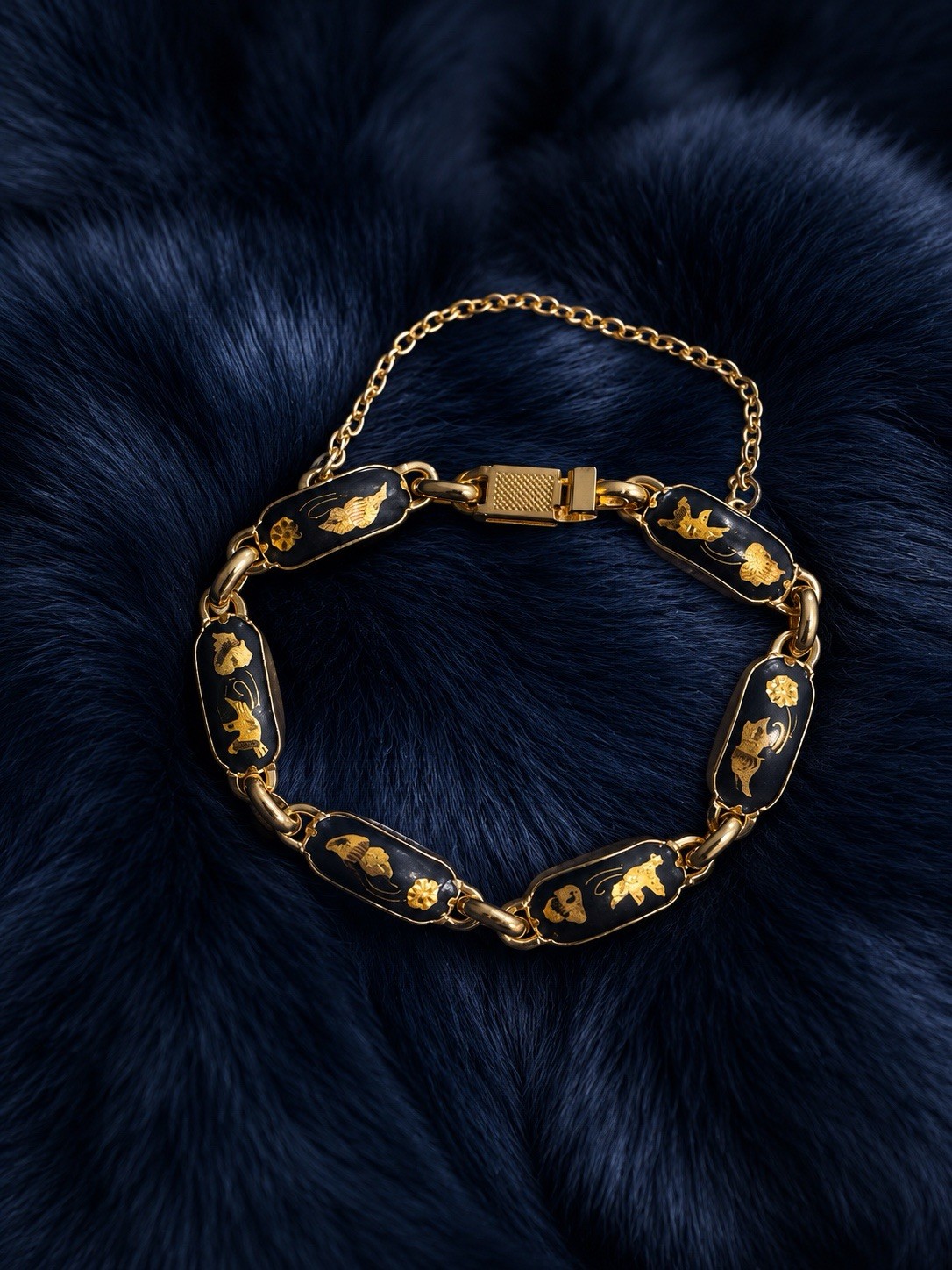 Vintage Damascene Black Enamel Gold Tone Panel Bracelet Elegant Collectible