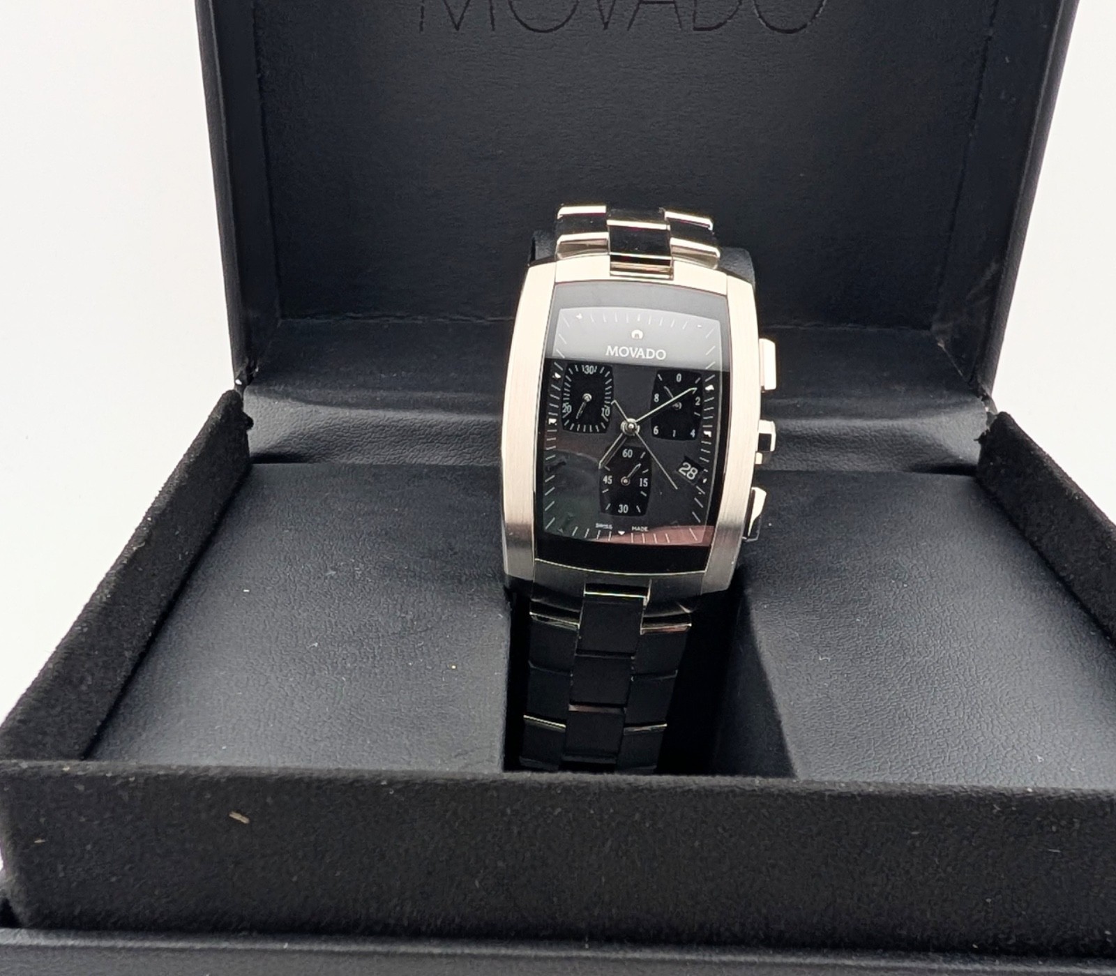 Movado Mens Eliro Chronograph SS W/Tonneau Barrel/Blk Dial #84.H1.1450~Exquisite