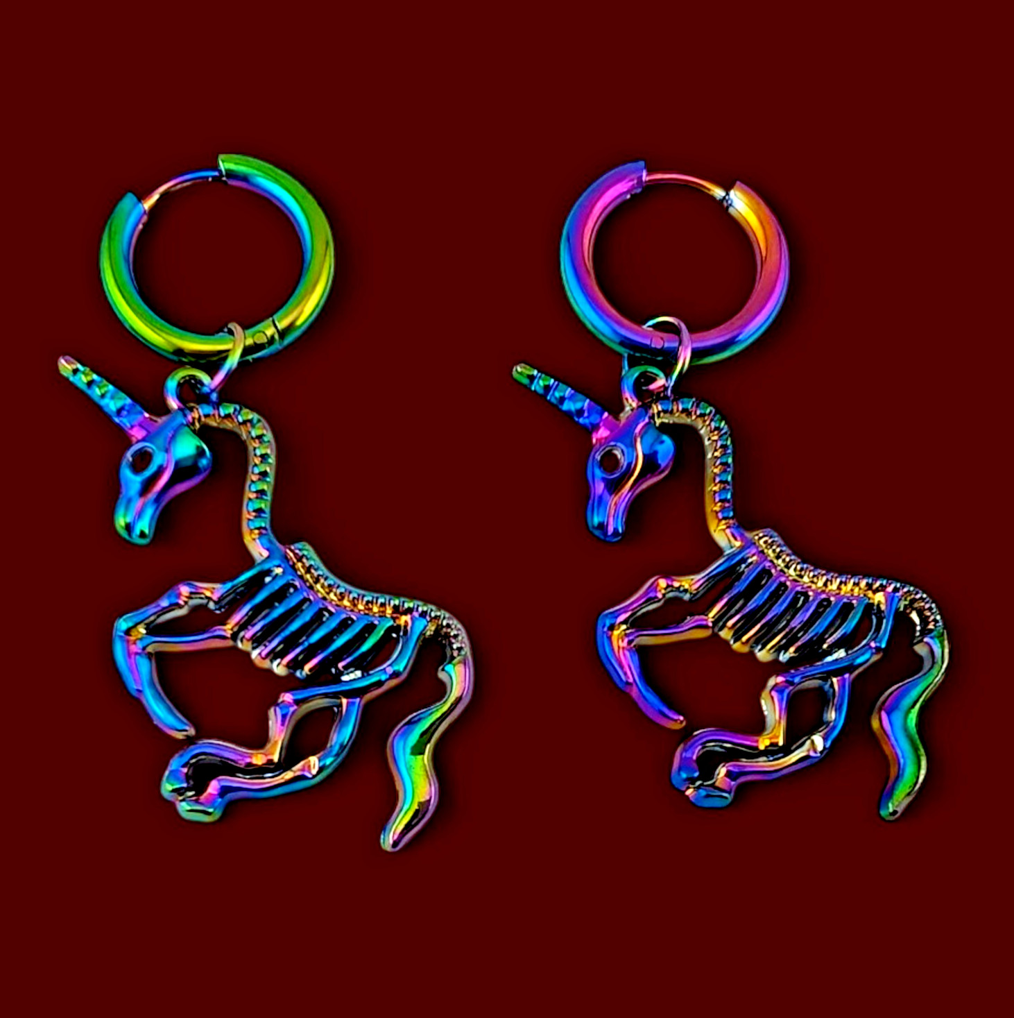 PRANCING UNICORN SKELETONS EARRINGS anodized oilslick rainbow pendant & hoop E5