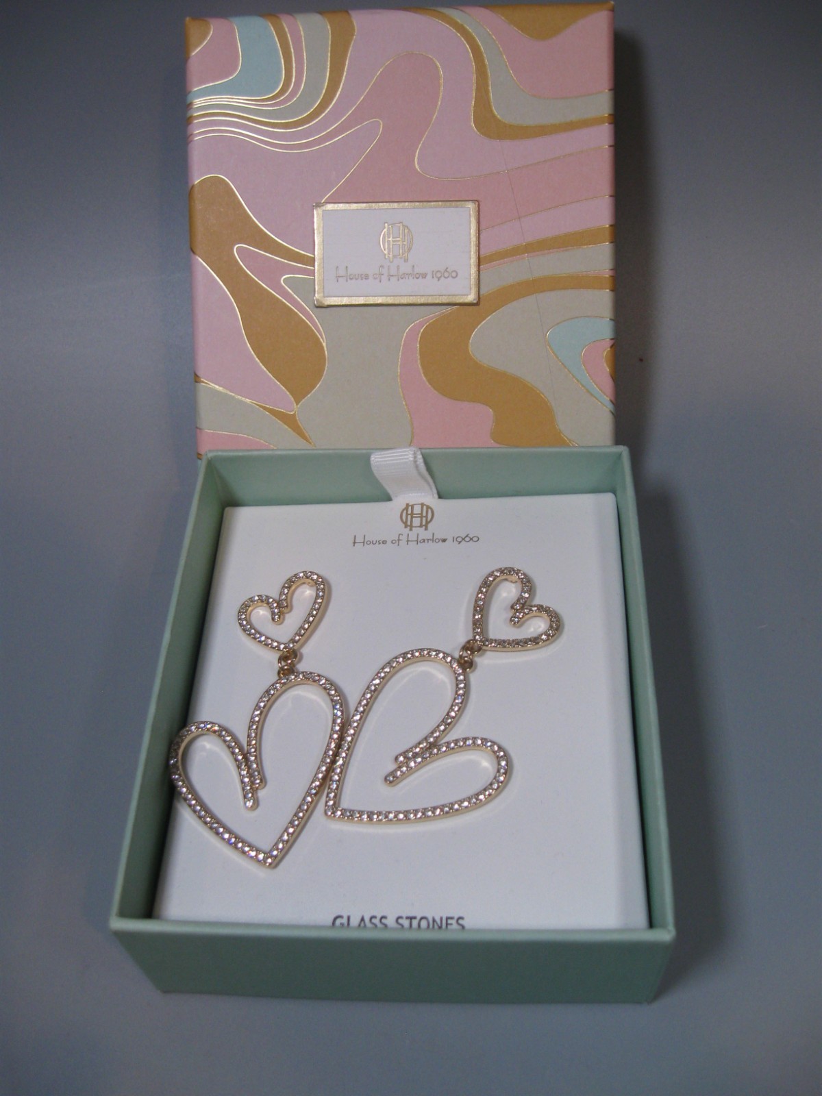 House Of Harlow 1960 Earrings Hearts Glass Stones NEW